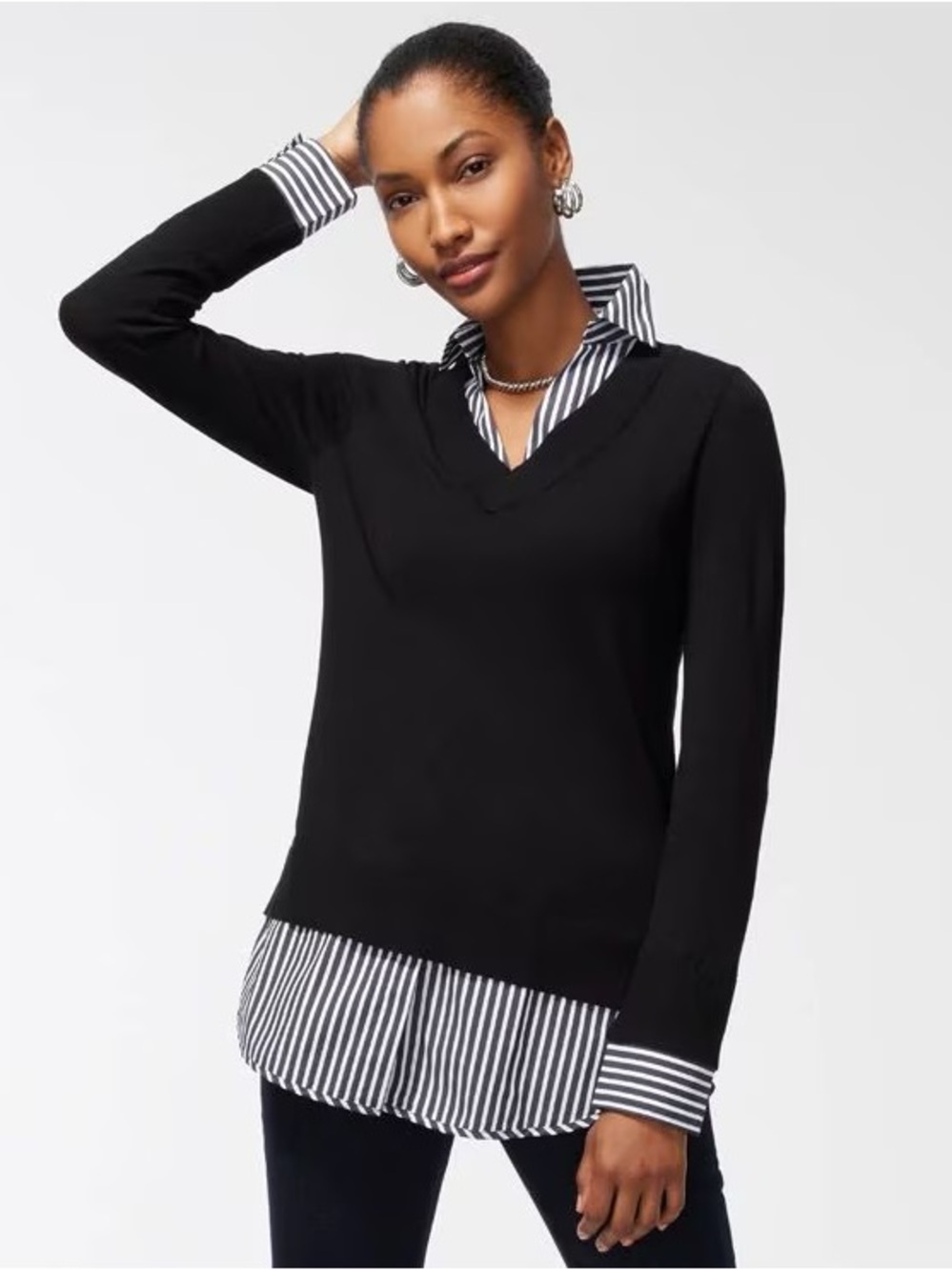 Chico's Striped Built-In Shirt Sweater Knit Woven Collared